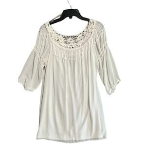 Heart Soul White Mini Dress Womens Medium 3/4 Length Sleeve Boho Hippie Eyelet